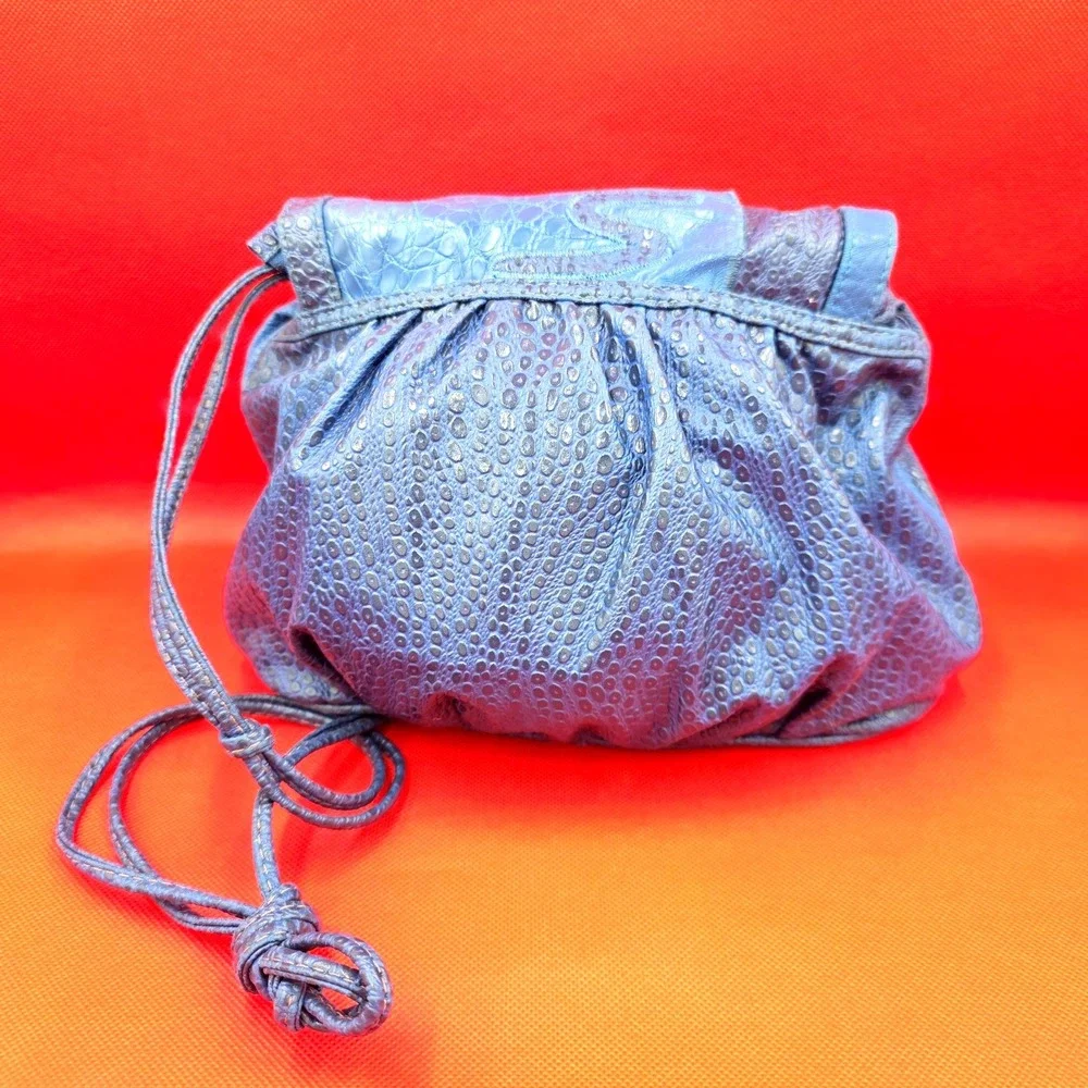 Vintage Nas Bag Blue Patchwork Leather Shoulder Bag 80's Boho Fringe Cloth Lined - Picture 2 of 7